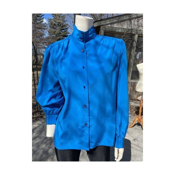 Vintage | 70s Electric Blue Blouse Statement Balloon Sleeve Secretary Office - Picture 2 of 12